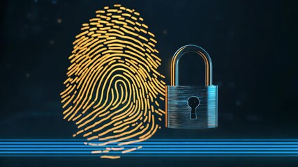 Golden fingerprint biometric scanner and digital fingerprint authentication with metallic padlock - Powered by Adobe