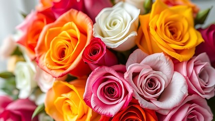 Vibrant bouquet of colorful roses against a soft floral background.
