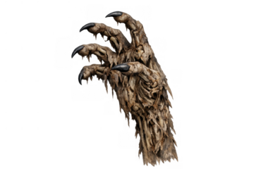 Hairy monster claw reaching with sharp nails, terrifying beast hand for halloween and horror concepts