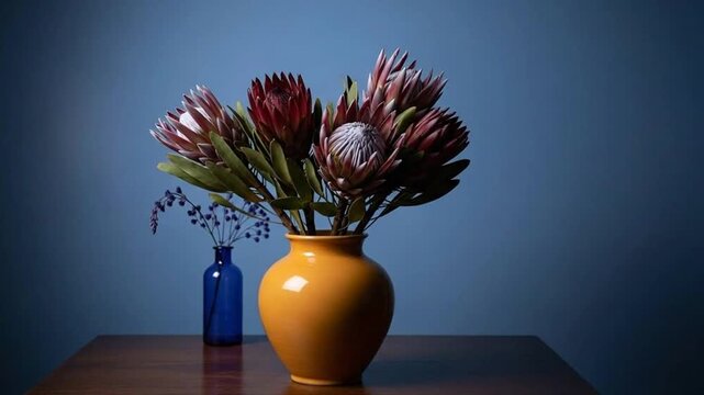 Elegant Protea Flower Arrangement in a Yellow Vase.