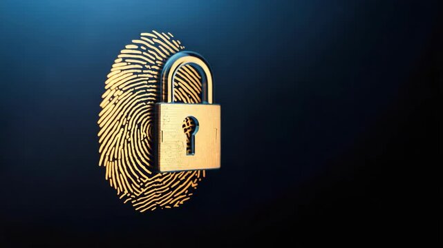 Gold fingerprint metal padlock biometric security access privacy authentication identity protection