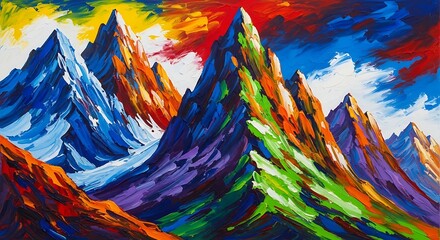 Vibrant abstract mountain range painting with colorful brushstrokes and sky detail