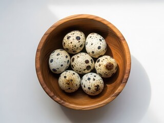 Quail eggs in a wooden bowl on white background