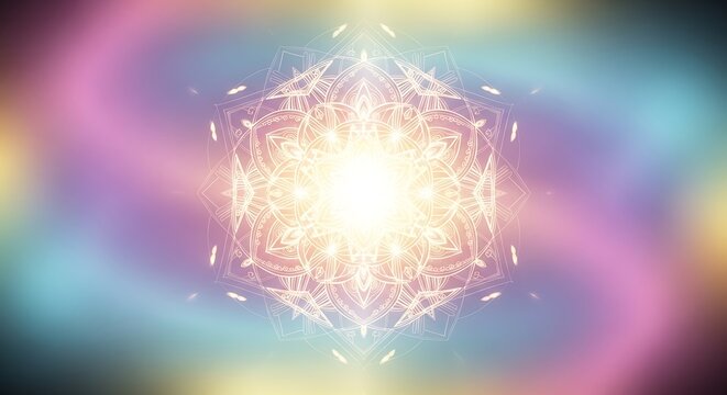 Vibrant Abstract Light Mandala with Colorful Swirls and Geometric Patterns.