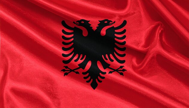 "Albanian national flag with black double-headed eagle on red field."