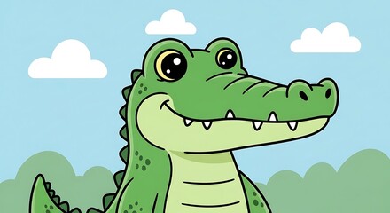 Obraz premium Cute Cartoon Alligator Smiling in a Bright Blue Sky with Clouds and Green Bushes.