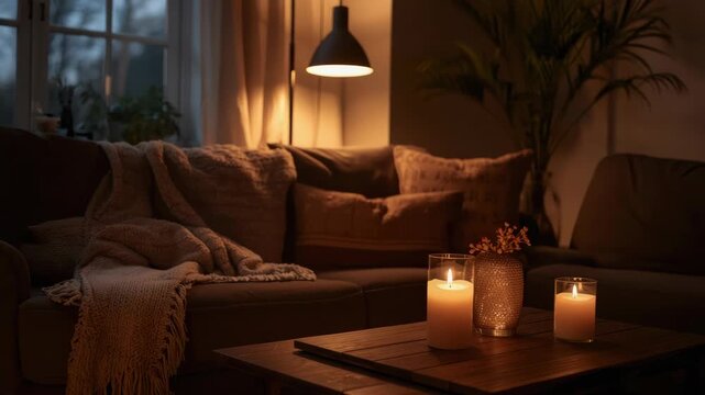 Cozy living room candle sofa blanket cushion coffee table lamp warm ambient lighting with lit