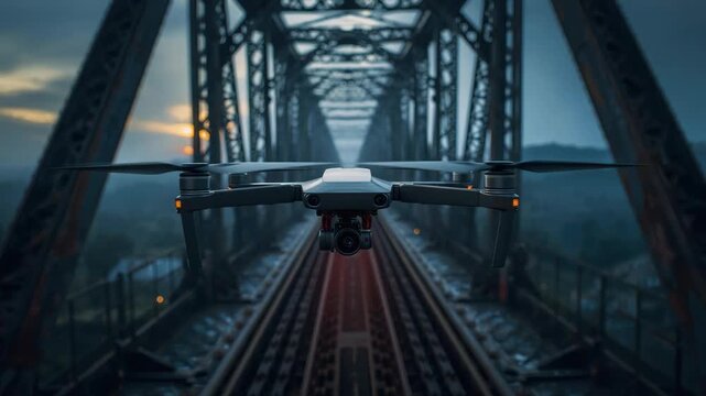 Drone aerial cinematic shot of metal steel railway bridge moody sunset with hovering drone