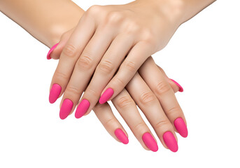Fototapeta premium Beautiful groomed woman hands with pink matte nail on transparent background