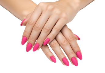 Beautiful groomed woman hands with pink matte nail on transparent background