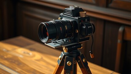 Classic vintage camera on wooden tripod with brass and leather details, placed on a rustic table in warm light.
