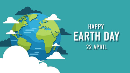 Obraz premium Happy Earth Day illustration with planet Earth surrounded by clouds on a teal background.