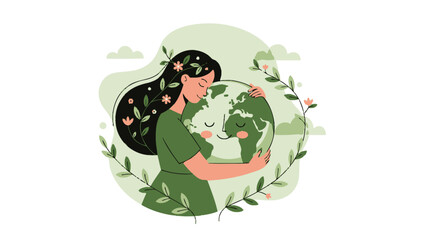 Fototapeta premium A woman with flowers in her hair tenderly embraces the Earth, symbolizing environmental care and harmony with nature.