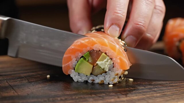 Chef Slicing Fresh Salmon Sushi Roll with Avocado and Cream Cheese on Wooden Board