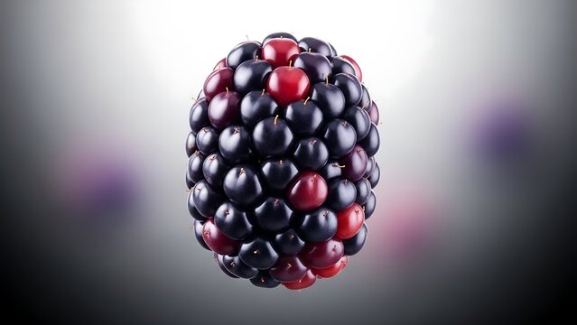 A ripe blackberry with some red drupelets on a blurred background.
