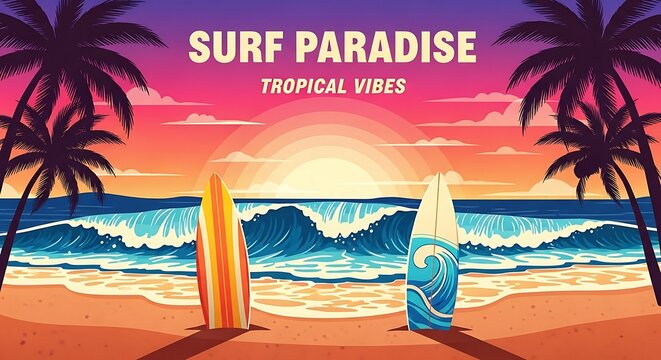Vibrant beach scene with surfboards palm trees and sunset illustration