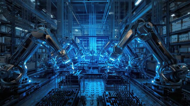 Futuristic robotic assembly line blue high tech factory with automated arm automation and circuitry