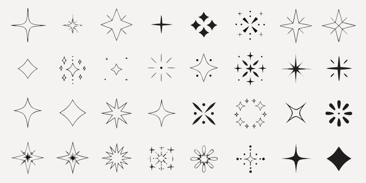 Collection of delicate black and white star and sparkle shaped line art icons