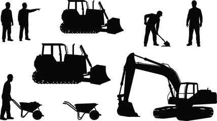 Construction workers and machinery silhouettes set, bulldozer excavator wheelbarrow labor people heavy equipment icons isolated on white background © MstMuktarinaAkter
