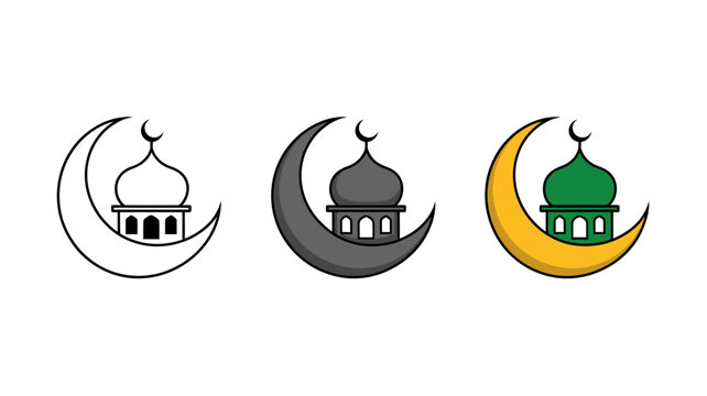 Crescent moon mosque icon set with different color variations for ramadan