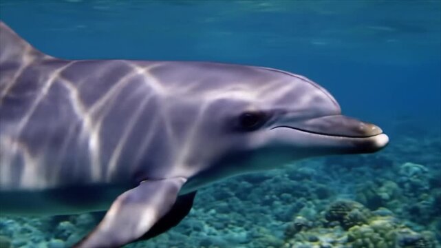 A dolphin swims near the coral reef underwater in the ocean viewed from the side