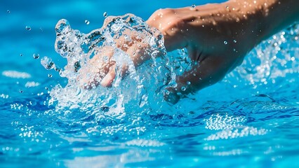 Hand splashing water in a swimming pool on a sunny day