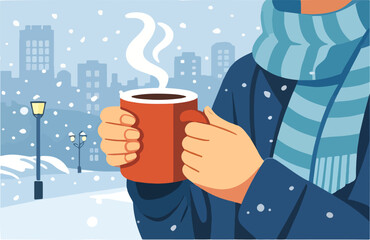 Close up of hands holding hot cup in cold winter street scene