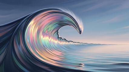 A majestic ocean wave crests and curls in a vibrant display of iridescent colors against a serene blue sky