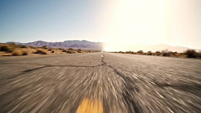 Desert Highway Journey Towards Distant Cityscape Under Bright Sunlight Motion Blur