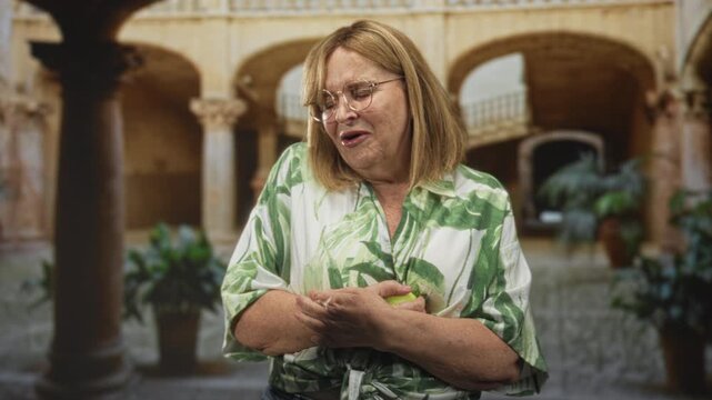 Woman holding green apple to chest, smiling with hands clasped in an arched building courtyard with columns and plants; amusement memory.