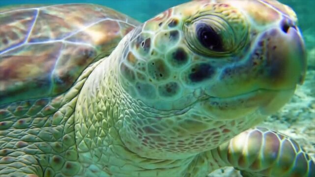 A sea turtle swims in the ocean, viewed from a close-up underwater perspective