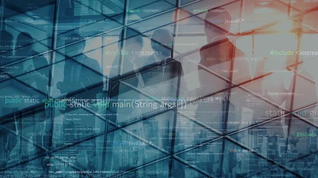 A dynamic office scene featuring abstract digital code overlays against a city skyline, symbolizing the intersection of technology and modern business practices. Xenic