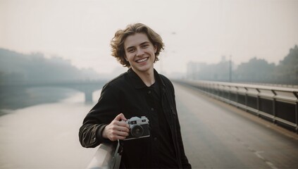 Young man with camera smiling on bridge by river