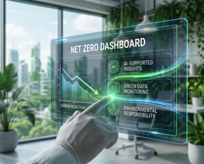 Futuristic green carbon reduction dashboard neutral net sustainable nature concept with AI insight and environmental responsibility in modern office background carbon reduction to net zero concept