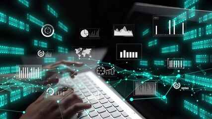 This image showcases hands typing on a keyboard, surrounded by digital data visualizations, graphs, and analytics, representing the intersection of technology and information. Xenic - Powered by Adobe