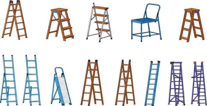 Collection of various ladders and step stools including wooden, metal, folding, extension, and safety ladder designs