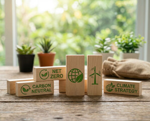 Green carbon reduction neutral sustainable net nature concept with wooden block message for climate strategy and net zero goal in natural light background carbon reduction to net zero concept