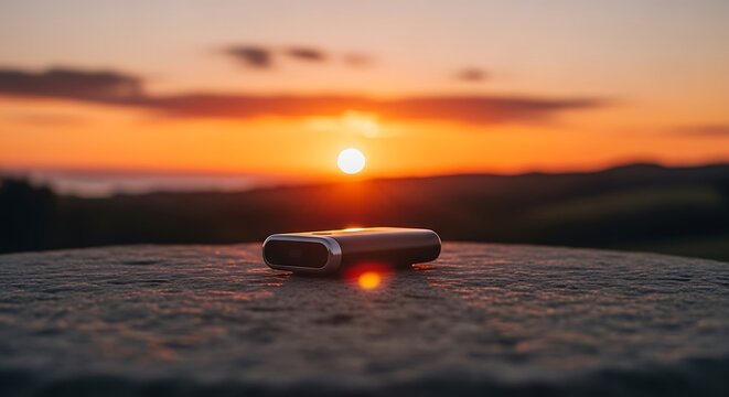 USB Drive on a Stone Surface During a Vibrant Sunset.