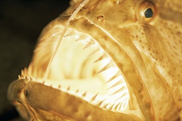 A menacing anglerfish with sharp teeth and a bioluminescent lure, showcasing its fearsome predatory nature in the dark ocean depths