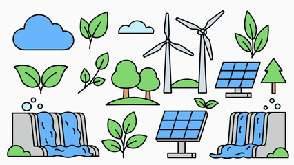 Set of Ecology and Clean Energy Line Art Icons on White Background