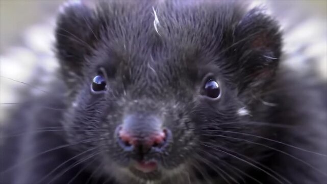 Close-up portrait of a curious black and white skunk with alert eyes and twitching whiskers in natural light