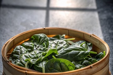 Deep Emerald Green Fresh Spinach Leaves Artfully Arranged in a Rustic Bamboo Basket