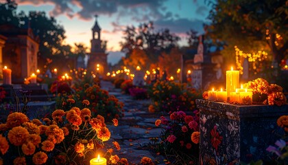 Glowing candles illuminate a path through a vibrant cemetery adorned with marigolds, celebrating ancestral spirits at dusk with warmth and tradition