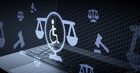 Derechos de discapacidad y Ley General de derechos de las personas con discapacidad LGDPD con inclusión social representada por balanza e icono de silla de ruedas sobre teclado digital