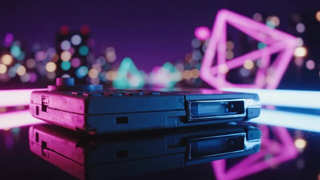 Retro Portable Music Player With Neon Geometric Shapes And City Lights At Night