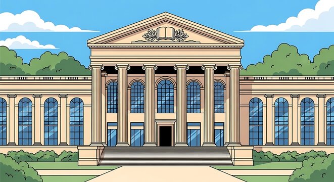 Grand Classical Building Facade with Columns and Arched Windows.