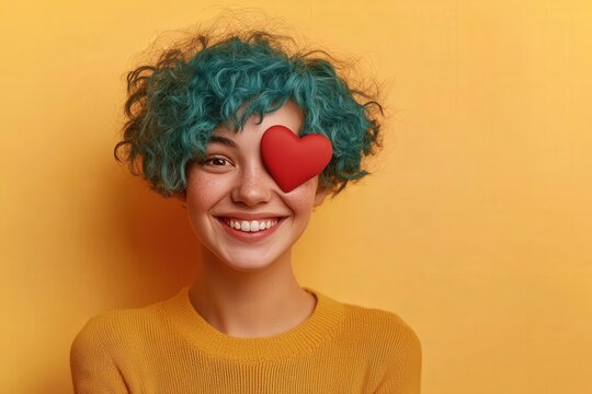 Young person with bright teal curly hair smiles while covering one eye with a red heart shape