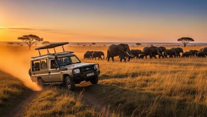 Safari jeep watching elephant herd in golden savanna
