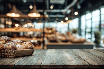 A rustic wooden table displays a basket of freshly baked pastries, against a blurred background of a bustling, modern bakery.