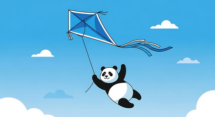 Panda Flying Kite in Blue Sky.